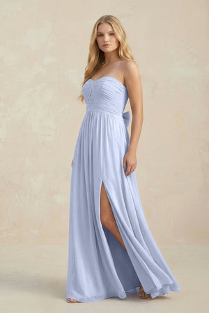 Strapless A - Line Pleated Chiffon Bridesmaid Dress With Slit in Ice - KISS BRIDAL Bridesmaid Dresses