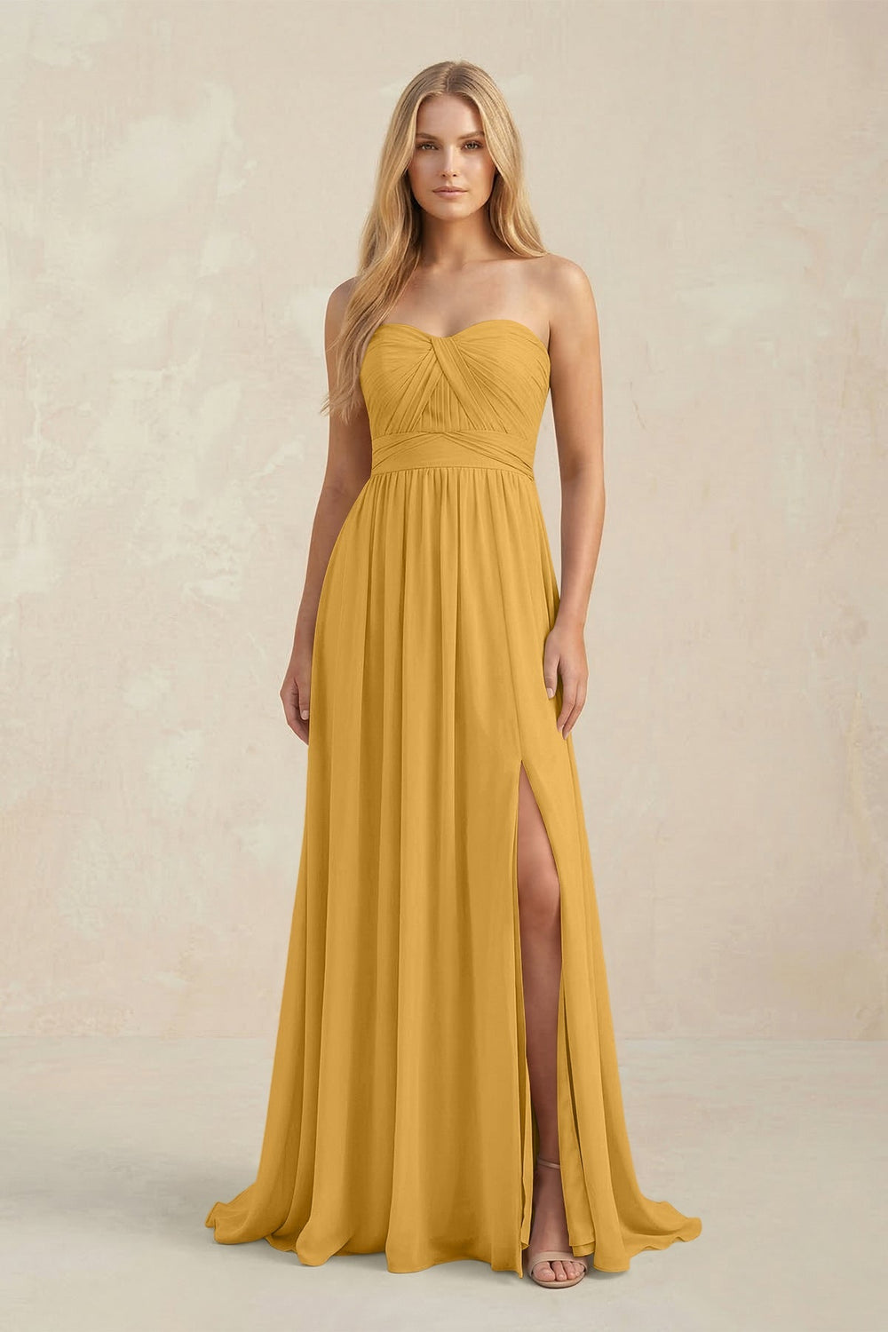 Strapless A - Line Pleated Chiffon Bridesmaid Dress With Slit in Marigold - KISS BRIDAL Bridesmaid Dresses