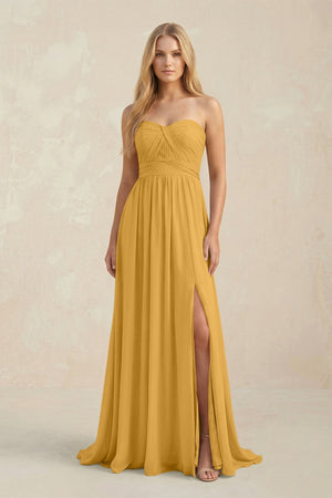 Strapless A - Line Pleated Chiffon Bridesmaid Dress With Slit in Marigold - SHE IS ME Bridesmaid Dresses