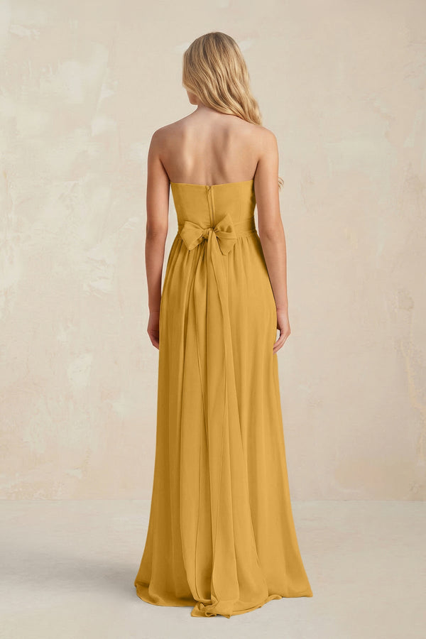 Strapless A - Line Pleated Chiffon Bridesmaid Dress With Slit in Marigold - SHE IS ME Bridesmaid Dresses