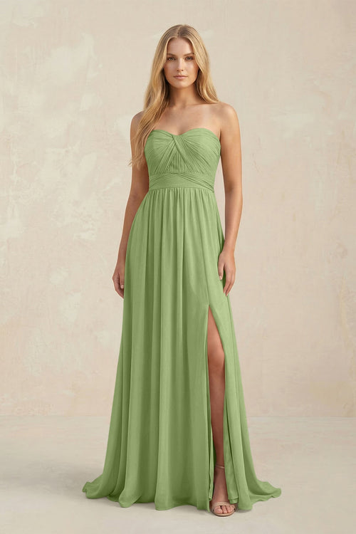 Strapless A - Line Pleated Chiffon Bridesmaid Dress With Slit in Matcha - SHE IS ME Bridesmaid Dresses