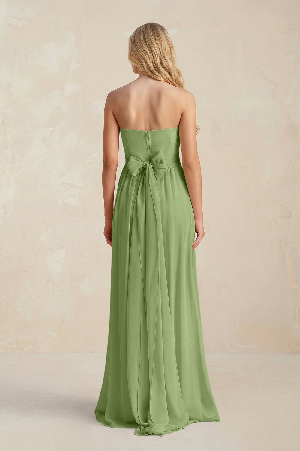 Strapless A - Line Pleated Chiffon Bridesmaid Dress With Slit in Matcha - KISS BRIDAL Bridesmaid Dresses