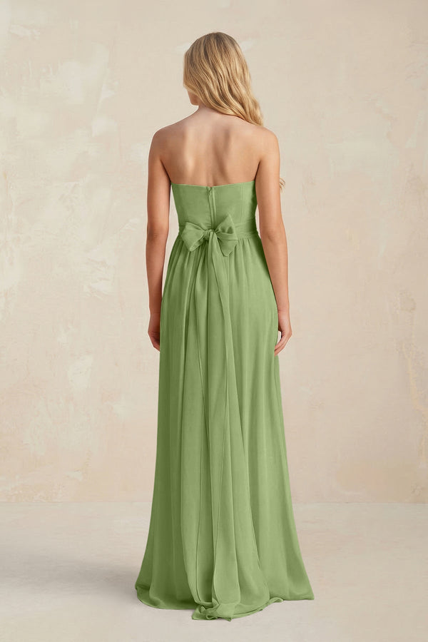 Strapless A - Line Pleated Chiffon Bridesmaid Dress With Slit in Matcha - SHE IS ME Bridesmaid Dresses