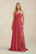 Strapless A - Line Pleated Chiffon Bridesmaid Dress With Slit in Merlot - SHE IS ME Bridesmaid Dresses