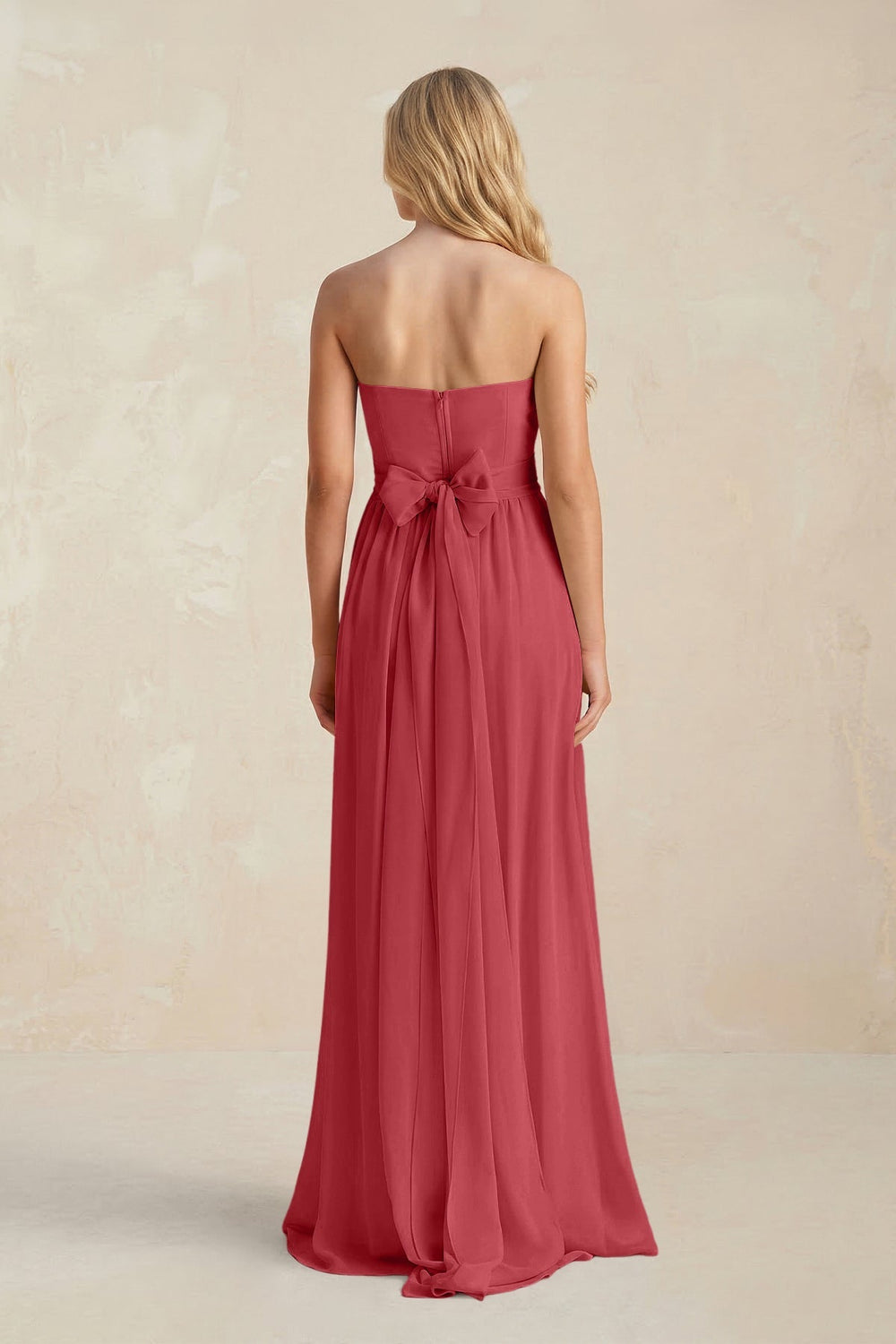 Strapless A - Line Pleated Chiffon Bridesmaid Dress With Slit in Merlot - KISS BRIDAL Bridesmaid Dresses