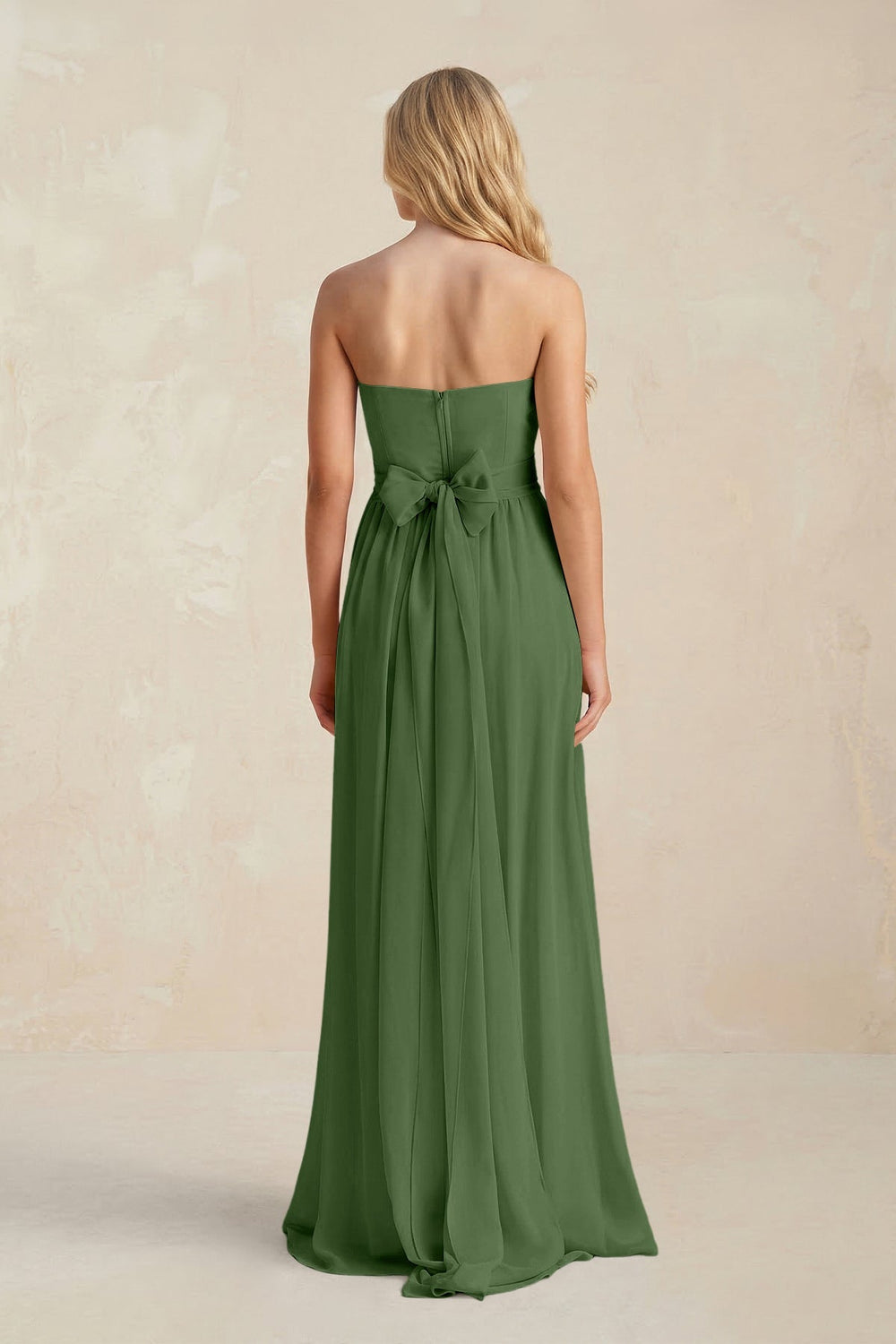Strapless A - Line Pleated Chiffon Bridesmaid Dress With Slit in Moss - KISS BRIDAL Bridesmaid Dresses