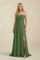 Strapless A - Line Pleated Chiffon Bridesmaid Dress With Slit in Moss - SHE IS ME Bridesmaid Dresses