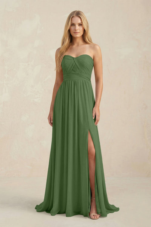 Strapless A - Line Pleated Chiffon Bridesmaid Dress With Slit in Moss - SHE IS ME Bridesmaid Dresses