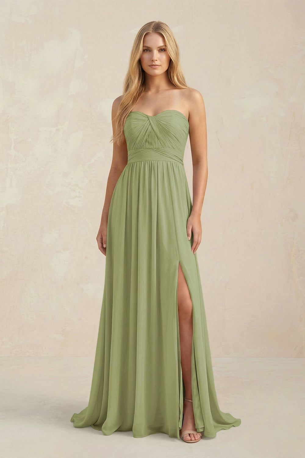 Strapless A - Line Pleated Chiffon Bridesmaid Dress With Slit in Moss Green - KISS BRIDAL Bridesmaid Dresses