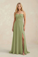 Strapless A - Line Pleated Chiffon Bridesmaid Dress With Slit in Moss Green - SHE IS ME Bridesmaid Dresses