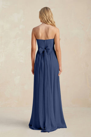 Strapless A - Line Pleated Chiffon Bridesmaid Dress With Slit in Navy - SHE IS ME Bridesmaid Dresses