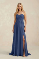 Strapless A - Line Pleated Chiffon Bridesmaid Dress With Slit in Navy - SHE IS ME Bridesmaid Dresses