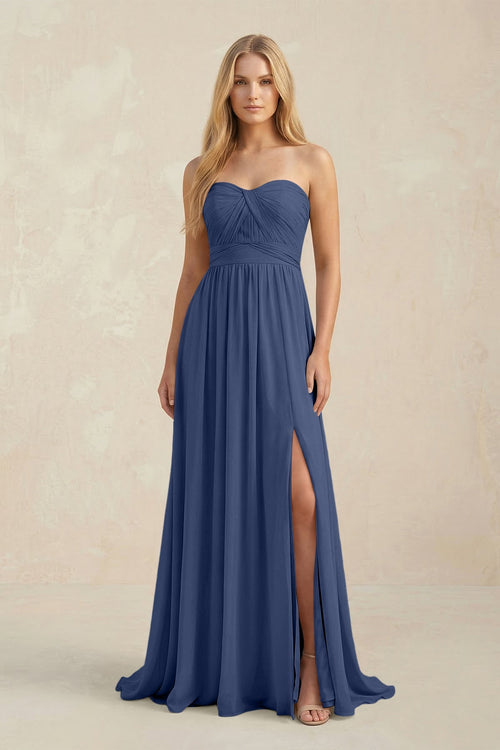 Strapless A - Line Pleated Chiffon Bridesmaid Dress With Slit in Navy - SHE IS ME Bridesmaid Dresses
