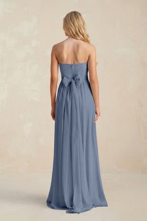 Strapless A - Line Pleated Chiffon Bridesmaid Dress With Slit in Neptune - SHE IS ME Bridesmaid Dresses