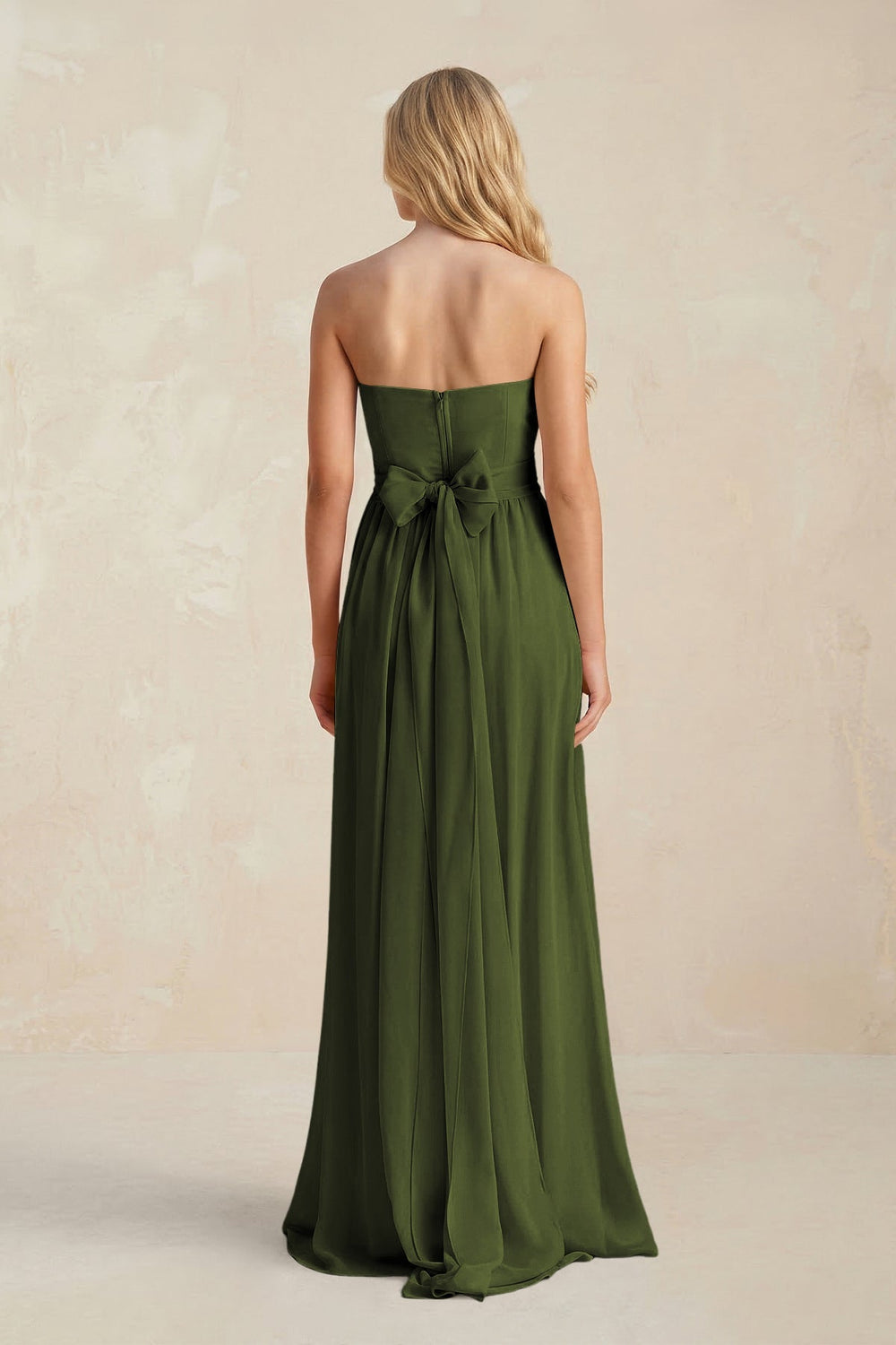 Strapless A - Line Pleated Chiffon Bridesmaid Dress With Slit in Olive - KISS BRIDAL Bridesmaid Dresses