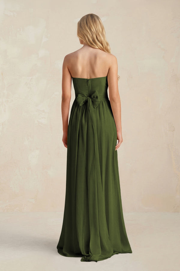 Strapless A - Line Pleated Chiffon Bridesmaid Dress With Slit in Olive - SHE IS ME Bridesmaid Dresses