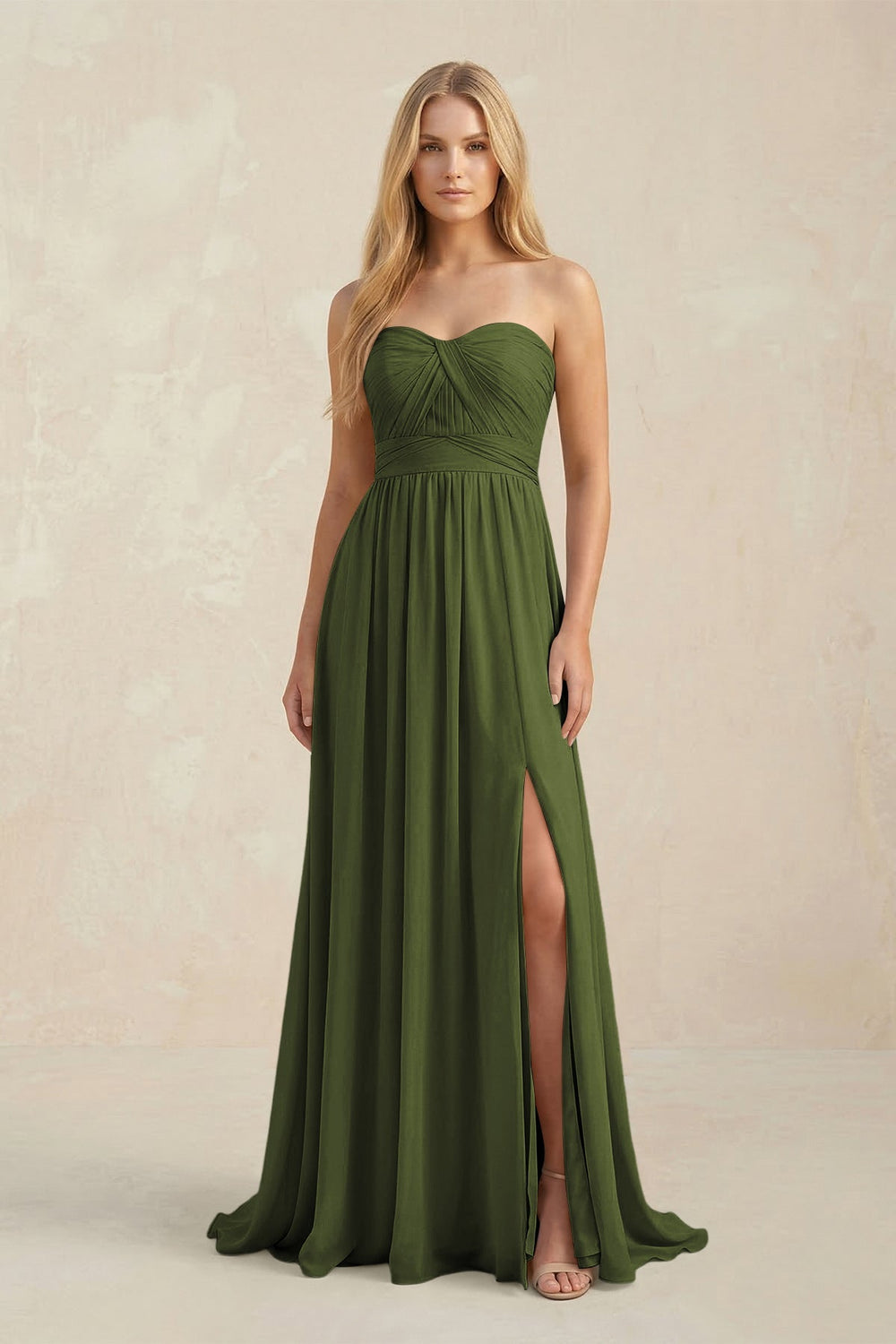 Strapless A - Line Pleated Chiffon Bridesmaid Dress With Slit in Olive - KISS BRIDAL Bridesmaid Dresses
