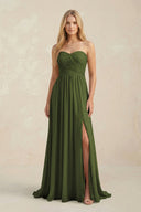 Strapless A - Line Pleated Chiffon Bridesmaid Dress With Slit in Olive - SHE IS ME Bridesmaid Dresses