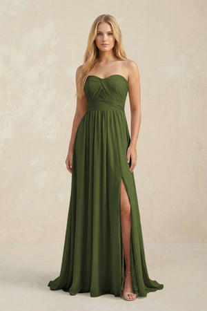 Strapless A - Line Pleated Chiffon Bridesmaid Dress With Slit in Olive - SHE IS ME Bridesmaid Dresses
