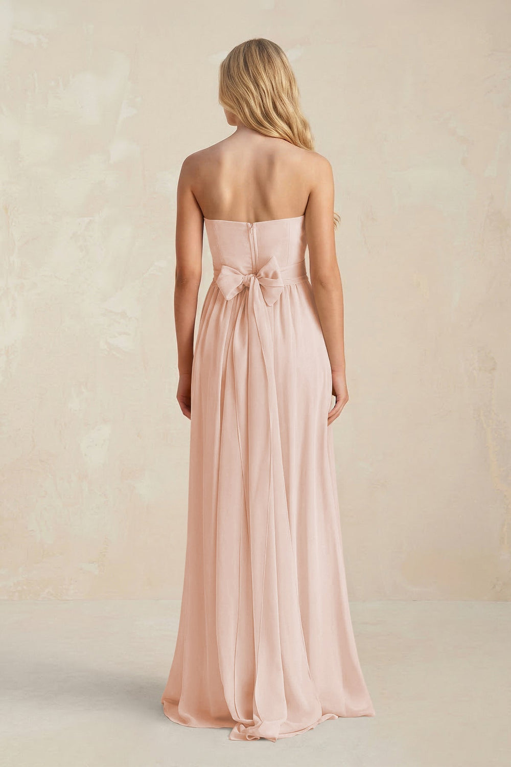 Strapless A - Line Pleated Chiffon Bridesmaid Dress With Slit in Pale Blush - KISS BRIDAL Bridesmaid Dresses