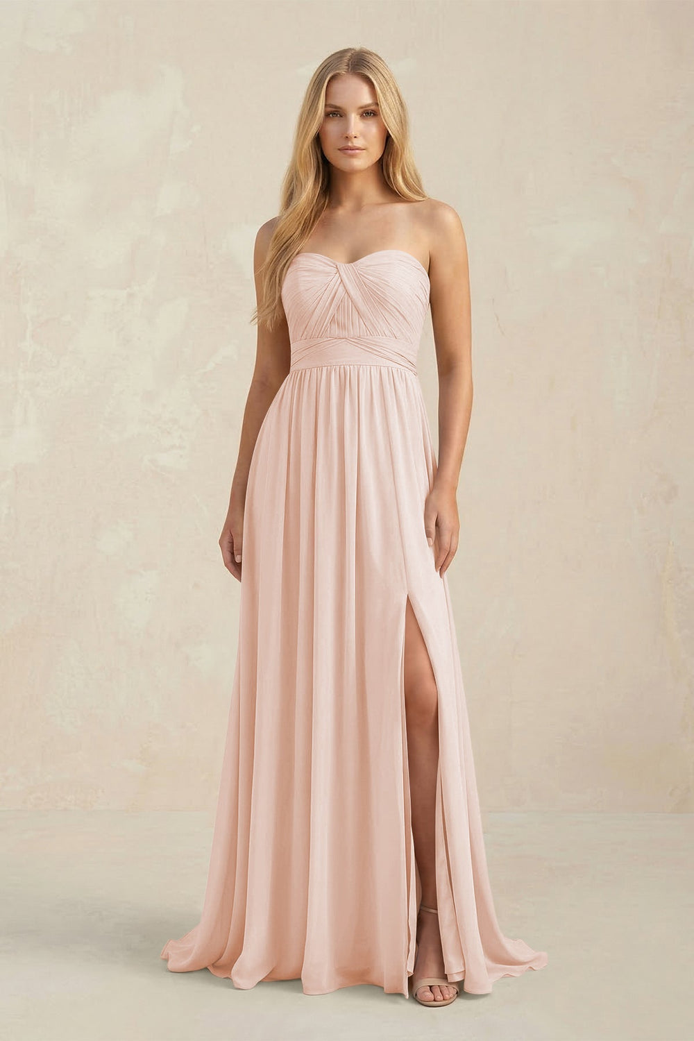 Strapless A - Line Pleated Chiffon Bridesmaid Dress With Slit in Pale Blush - KISS BRIDAL Bridesmaid Dresses