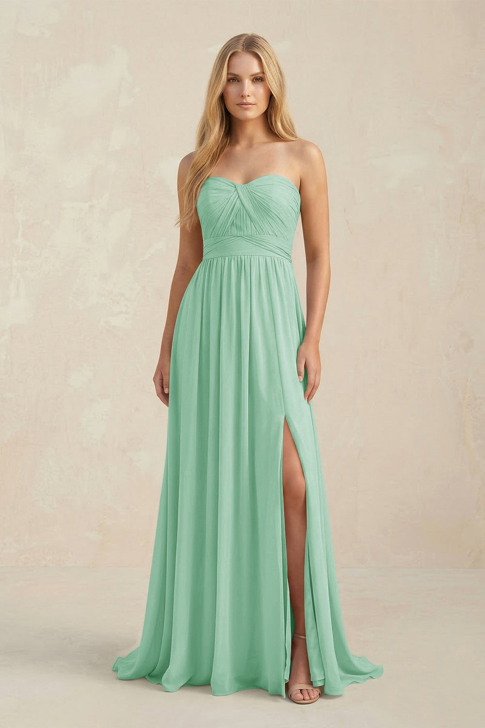 Strapless A - Line Pleated Chiffon Bridesmaid Dress With Slit in Pale Pistachio - KISS BRIDAL Bridesmaid Dresses