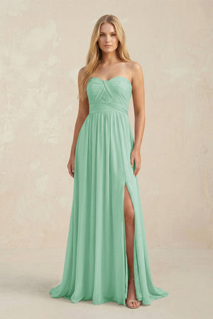 Strapless A - Line Pleated Chiffon Bridesmaid Dress With Slit in Pale Pistachio - SHE IS ME Bridesmaid Dresses