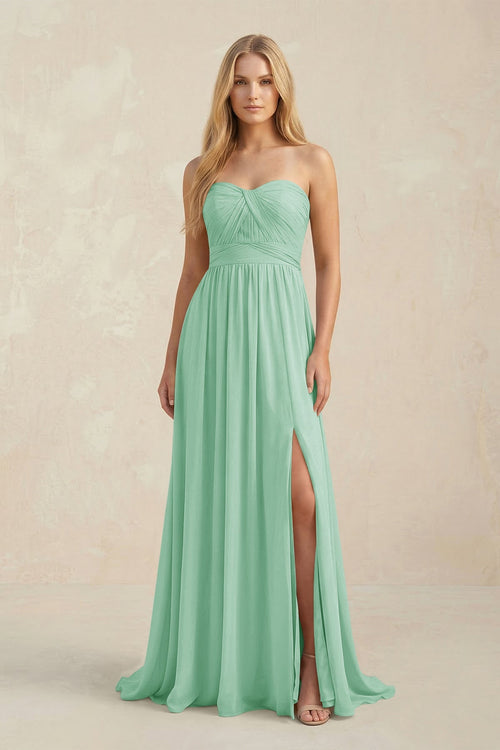Strapless A - Line Pleated Chiffon Bridesmaid Dress With Slit in Pale Pistachio - SHE IS ME Bridesmaid Dresses