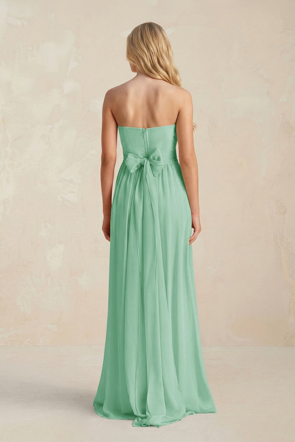 Strapless A - Line Pleated Chiffon Bridesmaid Dress With Slit in Pale Pistachio - KISS BRIDAL Bridesmaid Dresses