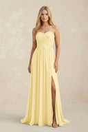 Strapless A - Line Pleated Chiffon Bridesmaid Dress With Slit in Pastel Yellow - SHE IS ME Bridesmaid Dresses
