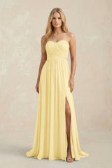 Strapless A - Line Pleated Chiffon Bridesmaid Dress With Slit in Pastel Yellow - KISS BRIDAL Bridesmaid Dresses
