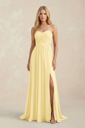Strapless A - Line Pleated Chiffon Bridesmaid Dress With Slit in Pastel Yellow - SHE IS ME Bridesmaid Dresses