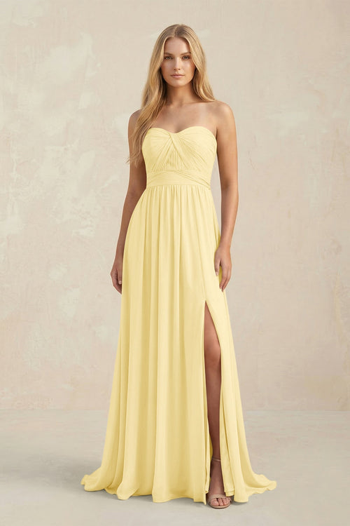 Strapless A - Line Pleated Chiffon Bridesmaid Dress With Slit in Pastel Yellow - SHE IS ME Bridesmaid Dresses