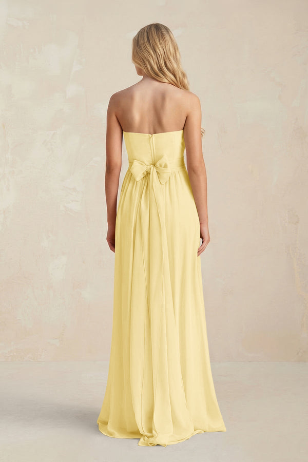 Strapless A - Line Pleated Chiffon Bridesmaid Dress With Slit in Pastel Yellow - SHE IS ME Bridesmaid Dresses