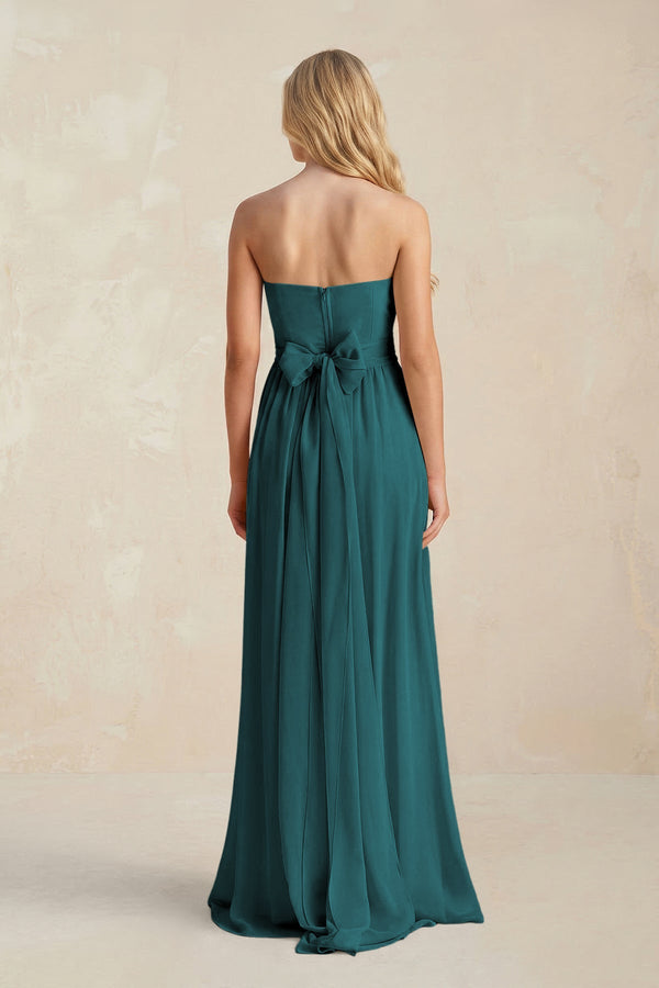Strapless A - Line Pleated Chiffon Bridesmaid Dress With Slit in Pine - SHE IS ME Bridesmaid Dresses