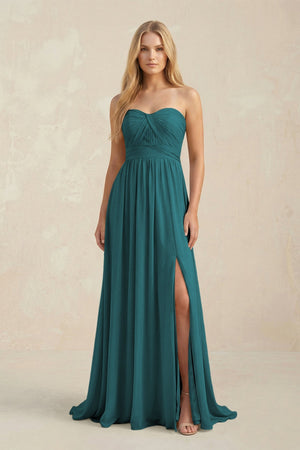 Strapless A - Line Pleated Chiffon Bridesmaid Dress With Slit in Pine - SHE IS ME Bridesmaid Dresses