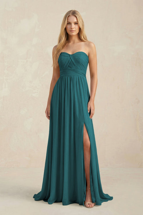 Strapless A - Line Pleated Chiffon Bridesmaid Dress With Slit in Pine - SHE IS ME Bridesmaid Dresses