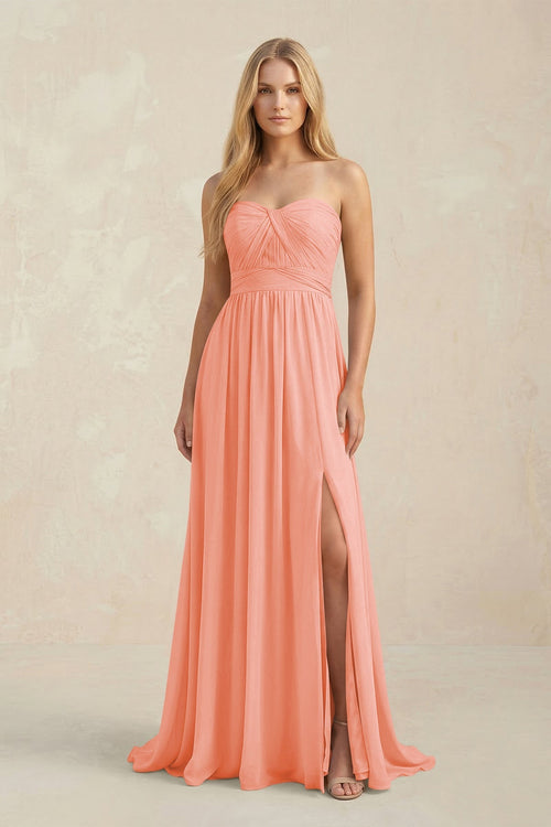 Strapless A - Line Pleated Chiffon Bridesmaid Dress With Slit in Rosette - SHE IS ME Bridesmaid Dresses