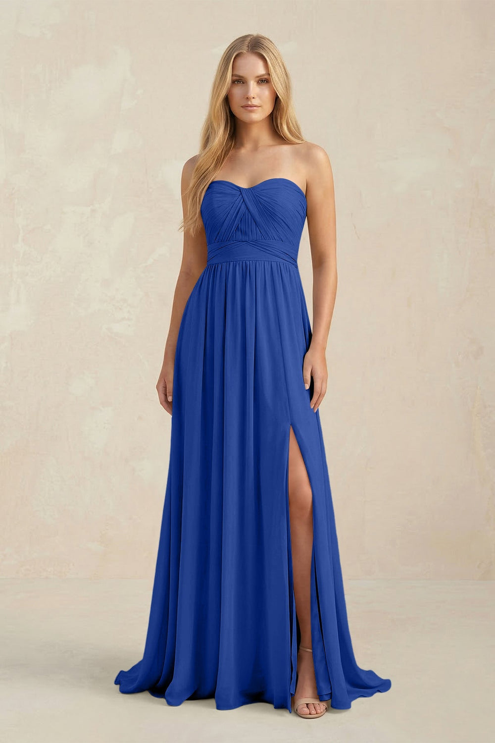 Strapless A - Line Pleated Chiffon Bridesmaid Dress With Slit in Royal Blue - KISS BRIDAL Bridesmaid Dresses