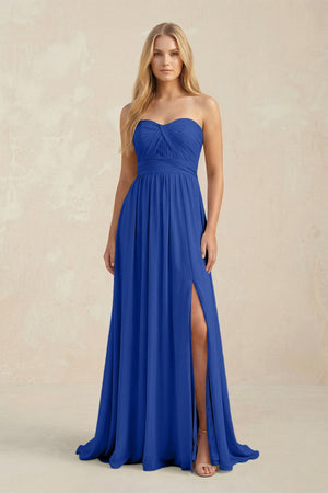 Strapless A - Line Pleated Chiffon Bridesmaid Dress With Slit in Royal Blue - SHE IS ME Bridesmaid Dresses