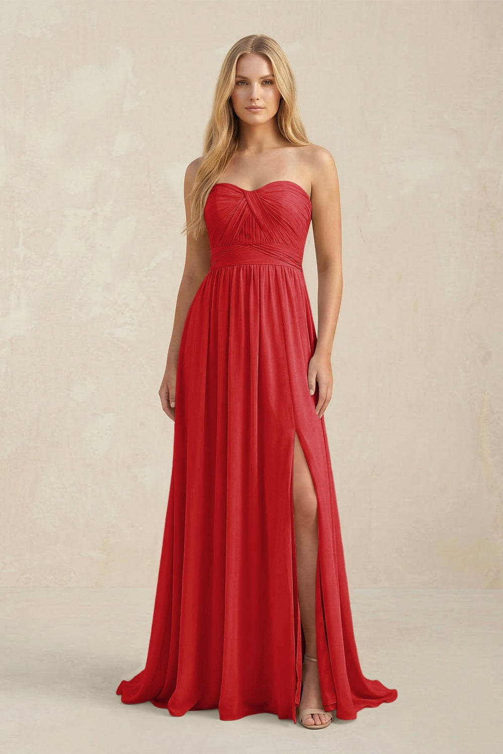 Strapless A - Line Pleated Chiffon Bridesmaid Dress With Slit in Ruby Red - KISS BRIDAL Bridesmaid Dresses