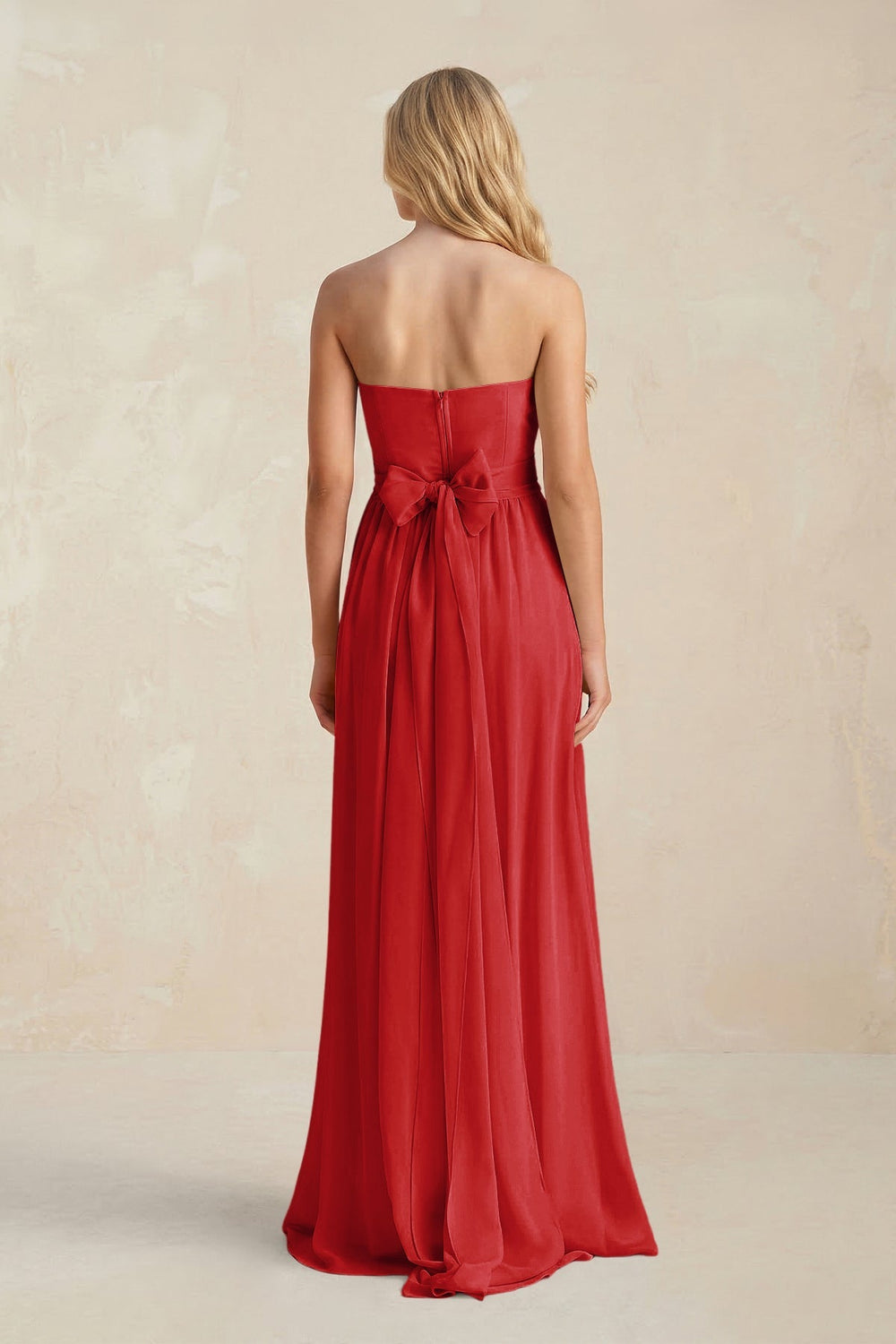 Strapless A - Line Pleated Chiffon Bridesmaid Dress With Slit in Ruby Red - KISS BRIDAL Bridesmaid Dresses