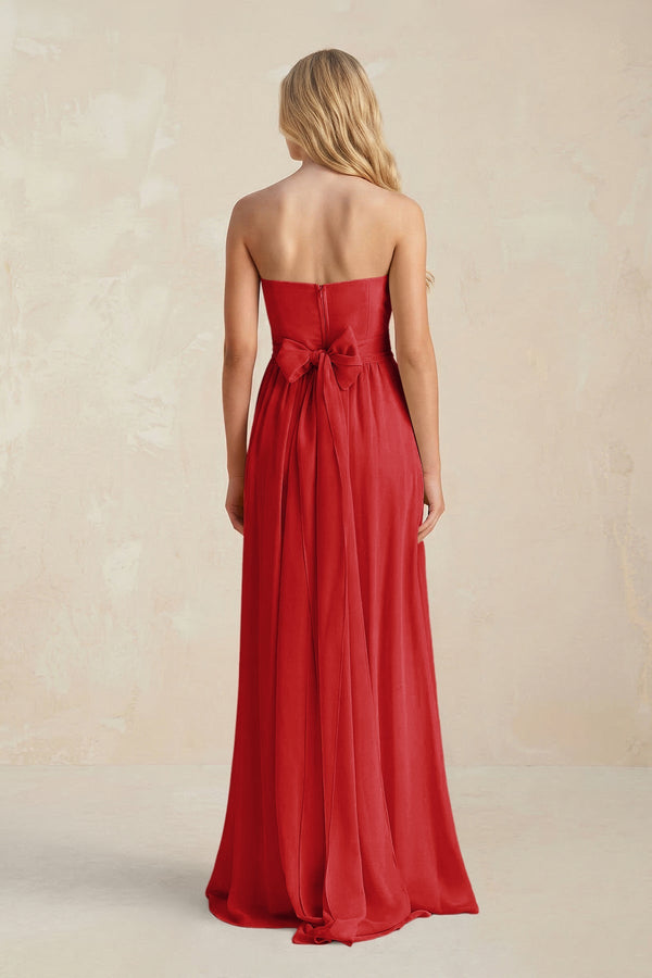 Strapless A - Line Pleated Chiffon Bridesmaid Dress With Slit in Ruby Red - SHE IS ME Bridesmaid Dresses