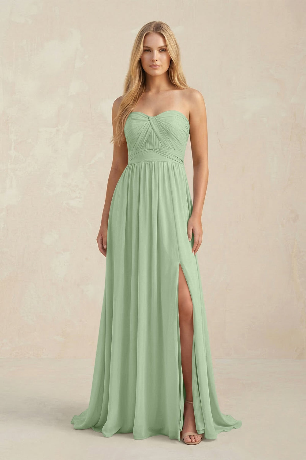 Strapless A - Line Pleated Chiffon Bridesmaid Dress With Slit in Sage - KISS BRIDAL Bridesmaid Dresses