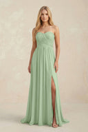 Strapless A - Line Pleated Chiffon Bridesmaid Dress With Slit in Sage - SHE IS ME Bridesmaid Dresses