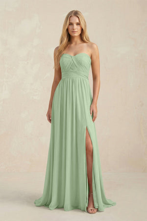Strapless A - Line Pleated Chiffon Bridesmaid Dress With Slit in Sage - SHE IS ME Bridesmaid Dresses