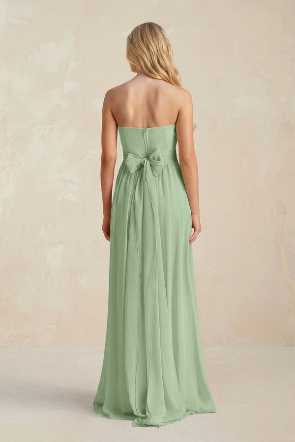 Strapless A - Line Pleated Chiffon Bridesmaid Dress With Slit in Sage - SHE IS ME Bridesmaid Dresses