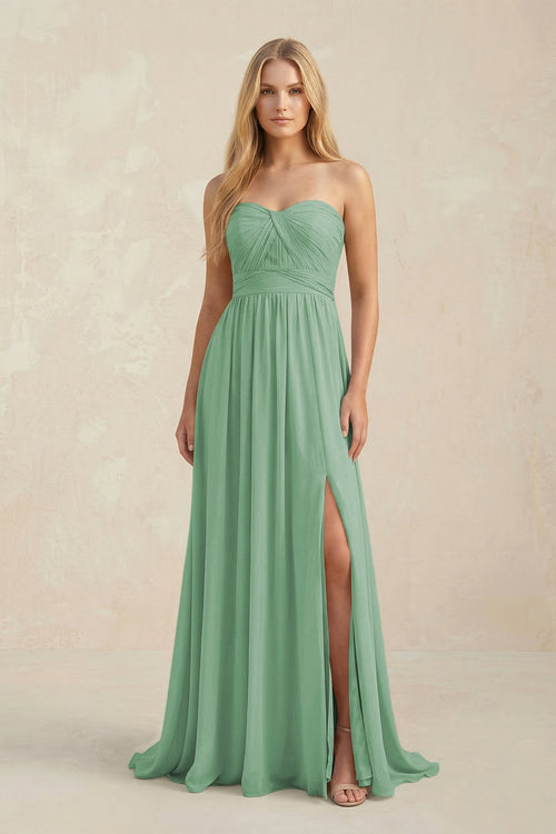 Strapless A - Line Pleated Chiffon Bridesmaid Dress With Slit in Sea Glass - SHE IS ME Bridesmaid Dresses