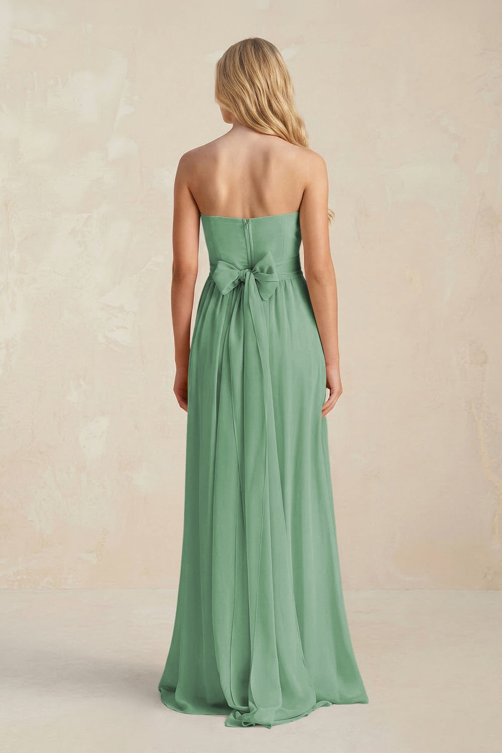 Strapless A - Line Pleated Chiffon Bridesmaid Dress With Slit in Sea Glass - KISS BRIDAL Bridesmaid Dresses