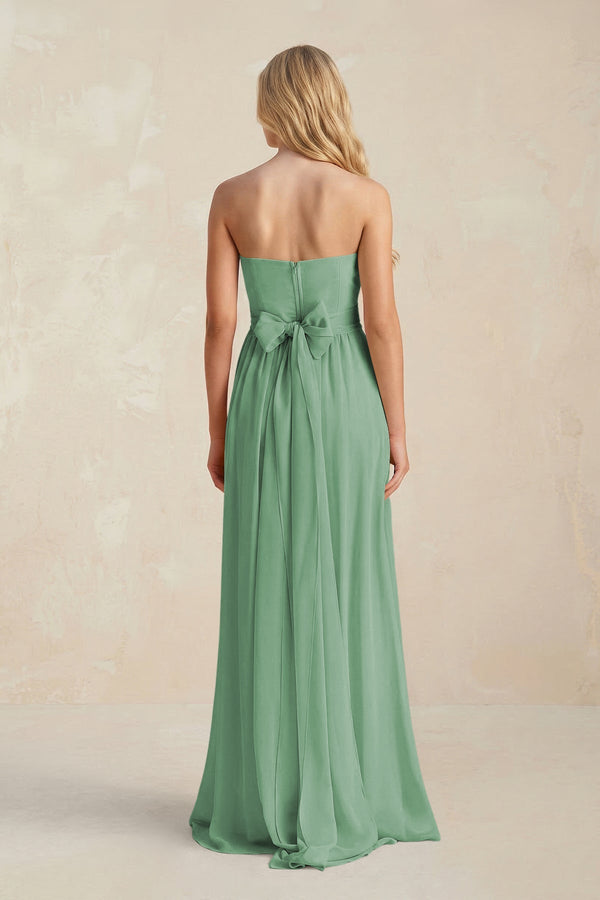 Strapless A - Line Pleated Chiffon Bridesmaid Dress With Slit in Sea Glass - SHE IS ME Bridesmaid Dresses